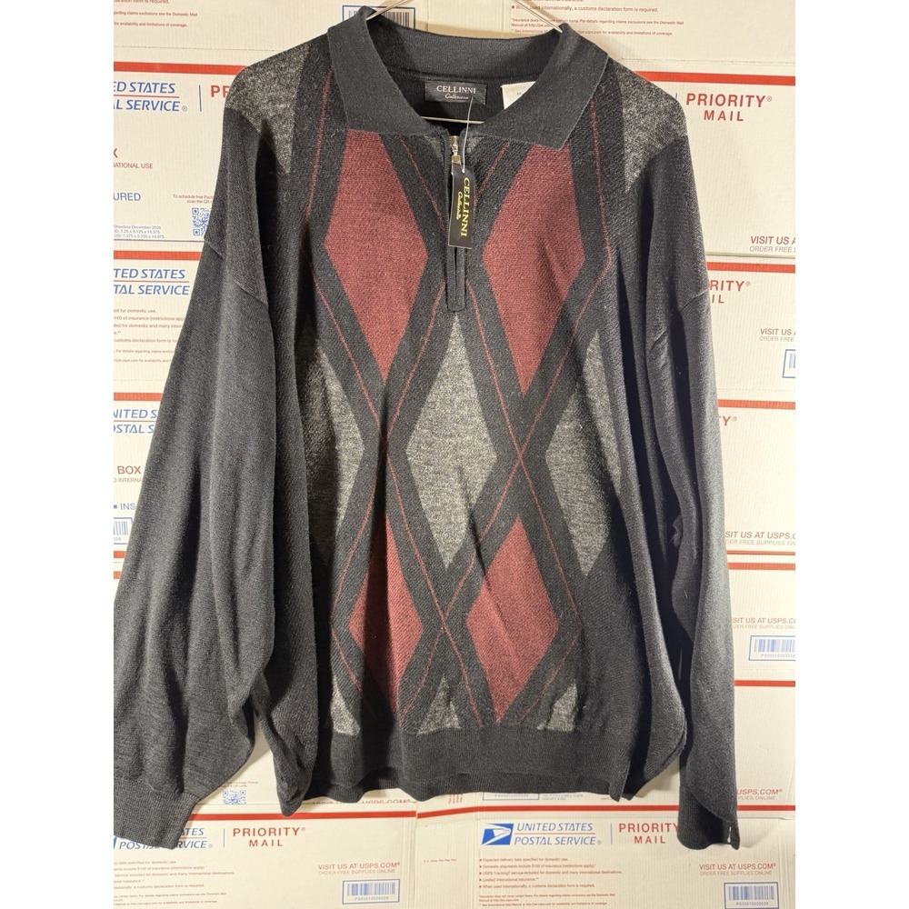 NWT Cellini Sweater Mens 2XL Crewneck Knit Grandpa 90s‎ Abstract Quarter Zip